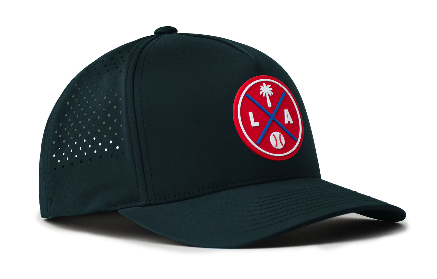 navy performance 5-panel hat viewed from the right side, showcasing a bold red and navy pvc patch prominently displayed on the front