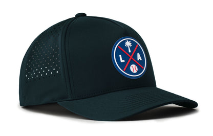 navy performance 5-panel hat viewed from the right side, showcasing a bold royal and red pvc patch prominently displayed on the front