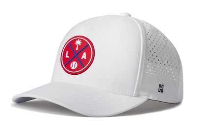 Los Angeles Baseball Performance 5-Panel Hat, white snapback showing Haka brandmark on left side of cap.
Los Angeles.