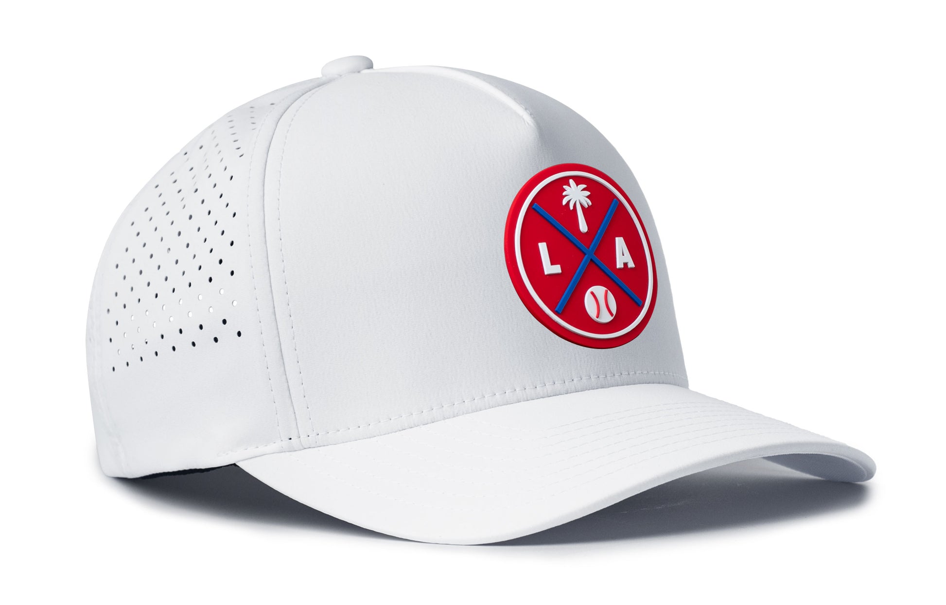 white performance 5-panel hat viewed from the right side, showcasing a bold red and navy pvc patch prominently displayed on the front