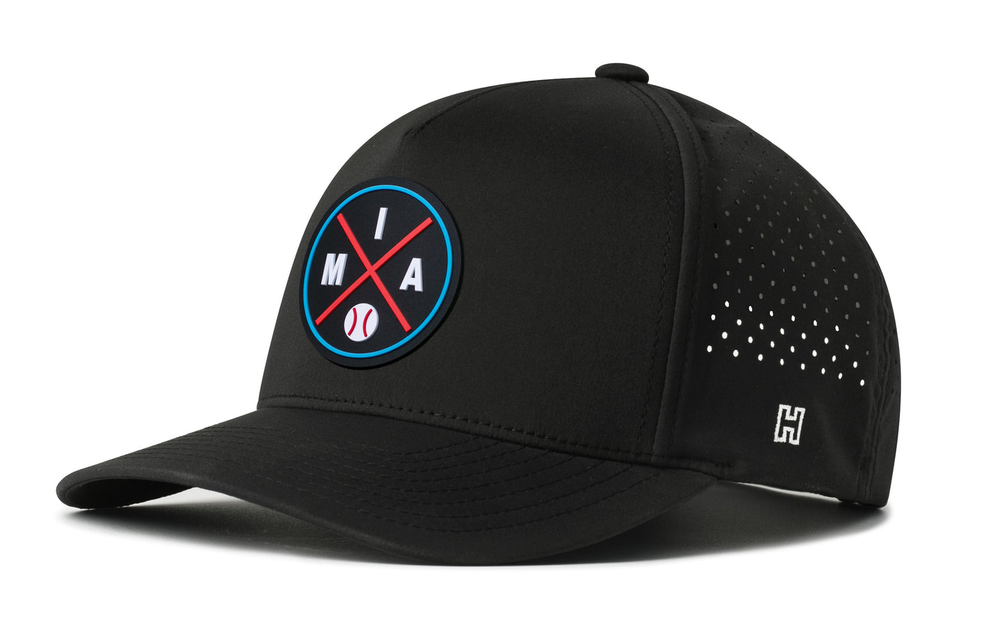 Miami Baseball Performance 5-Panel Hat, black snapback showing Haka brandmark on left side of cap.
Miami.