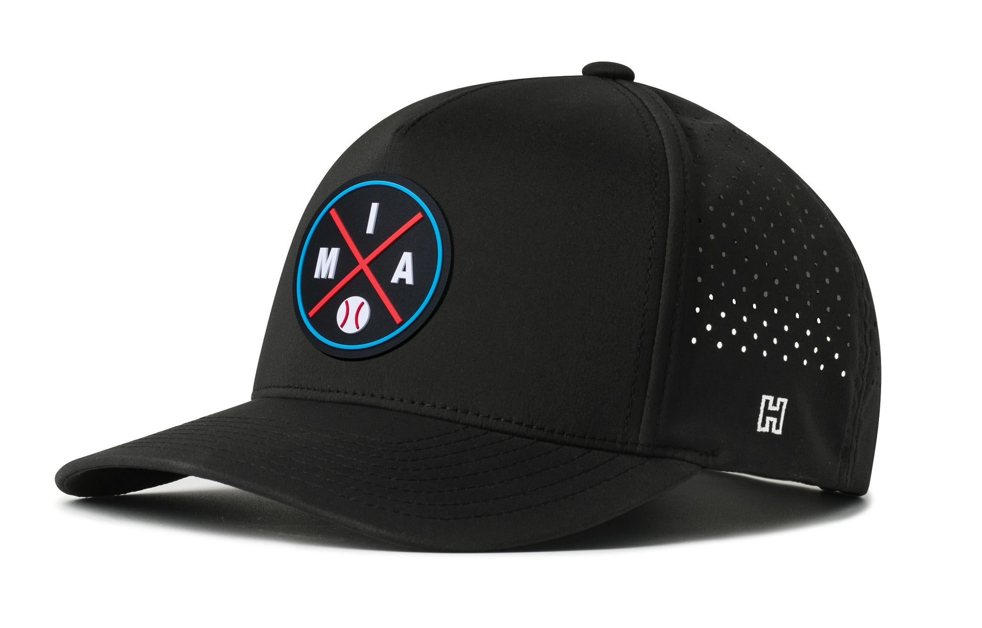 Miami Baseball Performance 5-Panel Hat, black snapback showing Haka brandmark on left side of cap.
Miami.