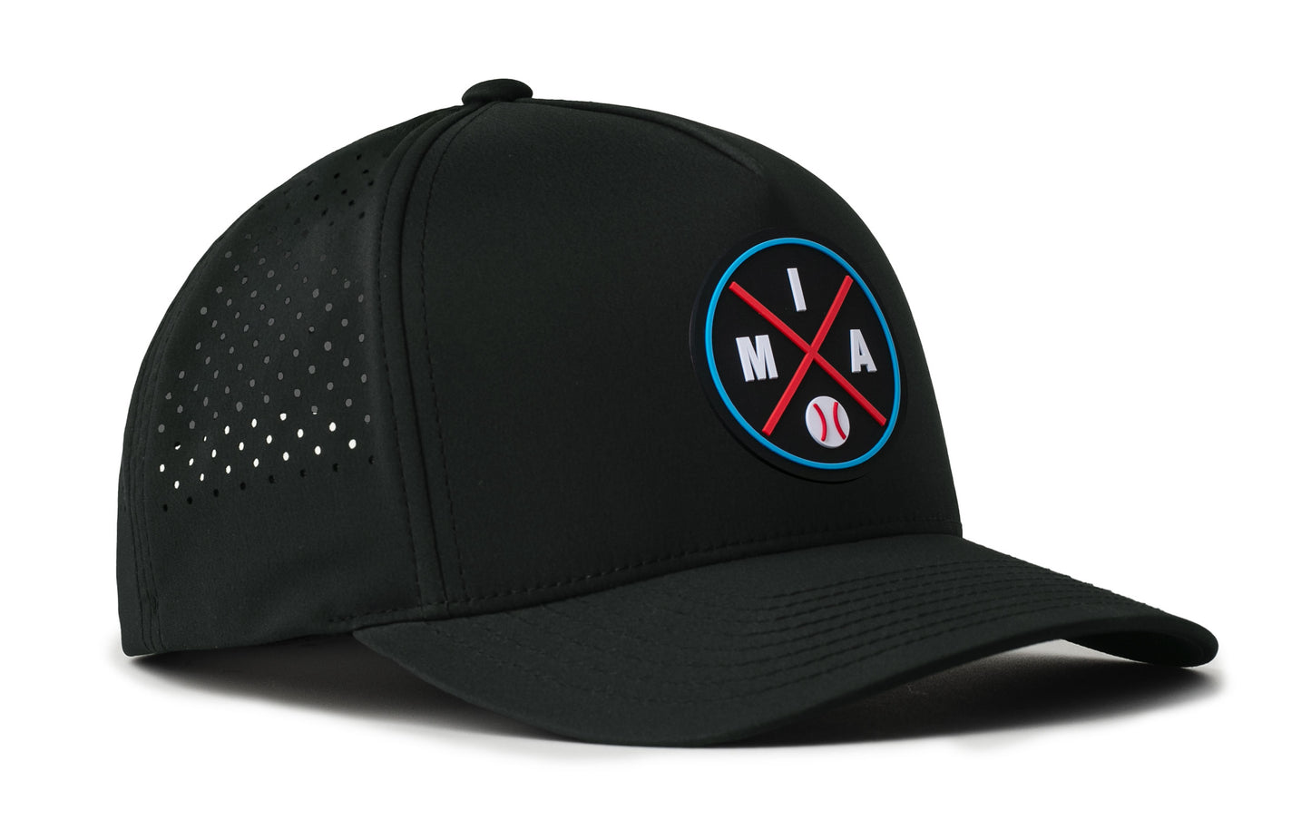 black performance 5-panel hat viewed from the right side, showcasing a bold black, red and columbia blue pvc patch prominently displayed on the front