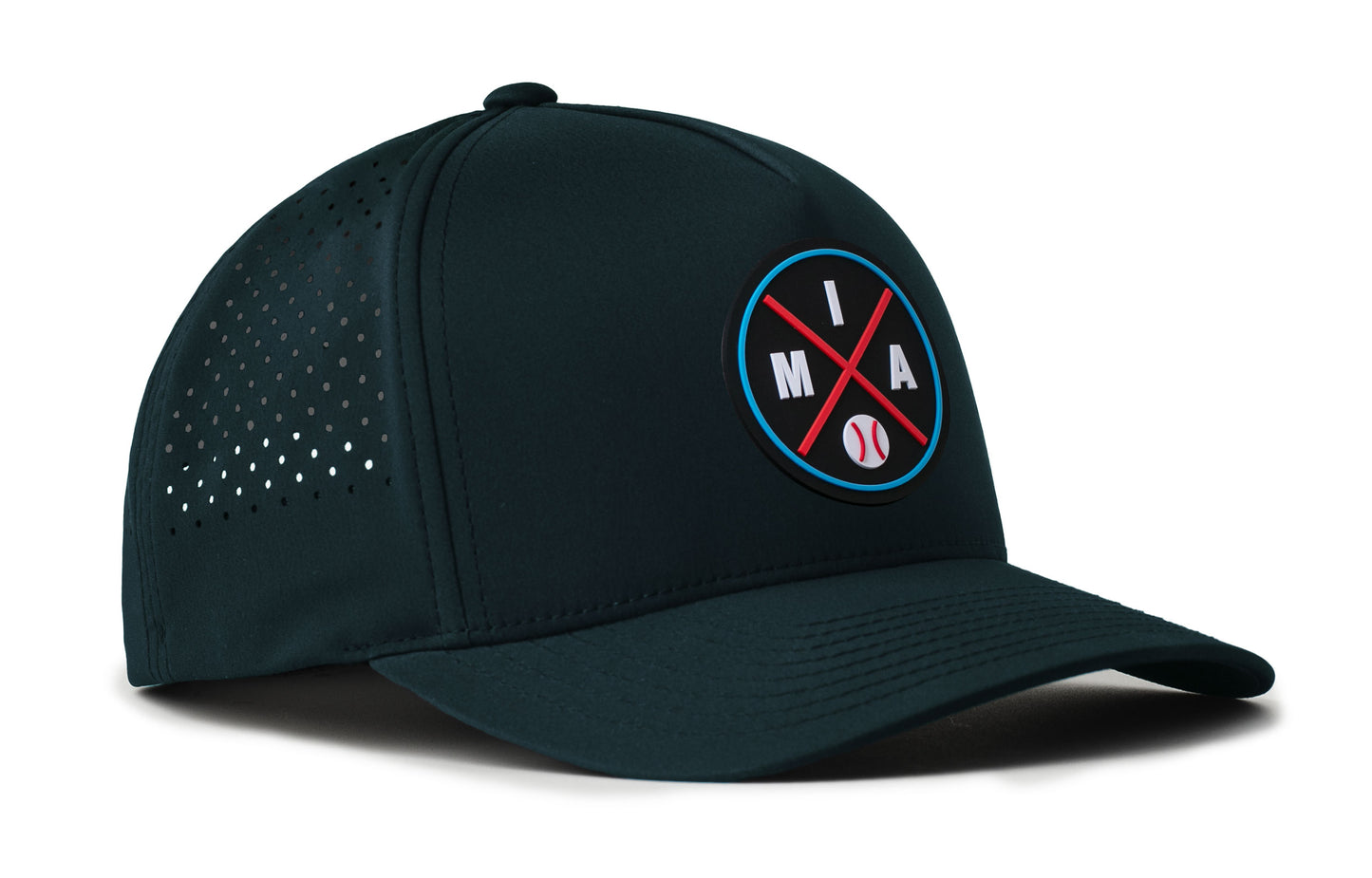 navy performance 5-panel hat viewed from the right side, showcasing a bold black, red and columbia blue pvc patch prominently displayed on the front