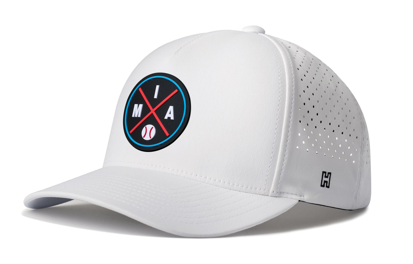 Miami Baseball Performance 5-Panel Hat, white snapback showing Haka brandmark on left side of cap.
Miami.
