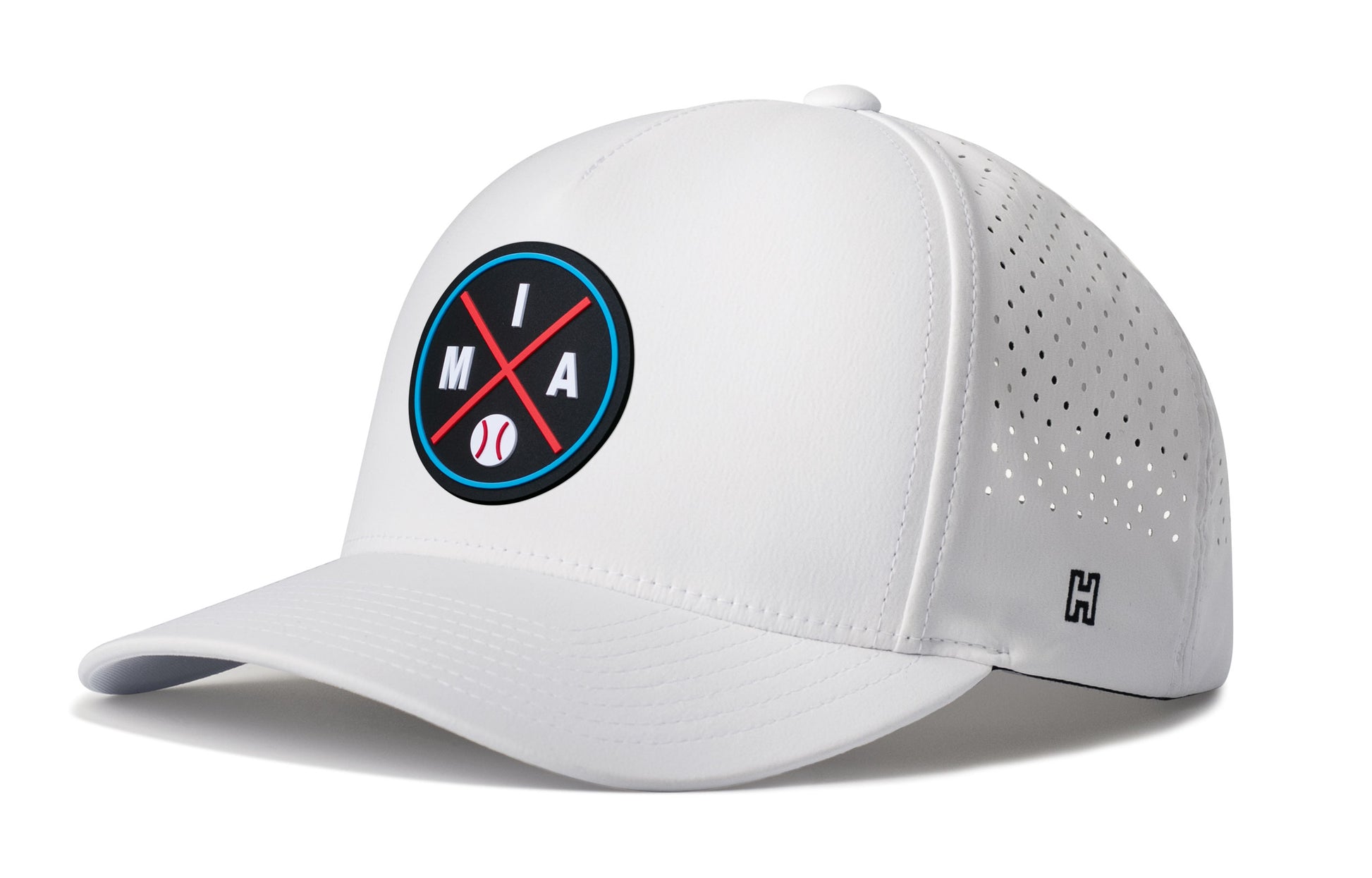 Miami Baseball Performance 5-Panel Hat, white snapback showing Haka brandmark on left side of cap.
Miami.