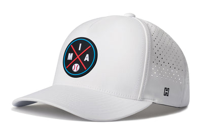 Miami Baseball Performance 5-Panel Hat, white snapback showing Haka brandmark on left side of cap.
Miami.