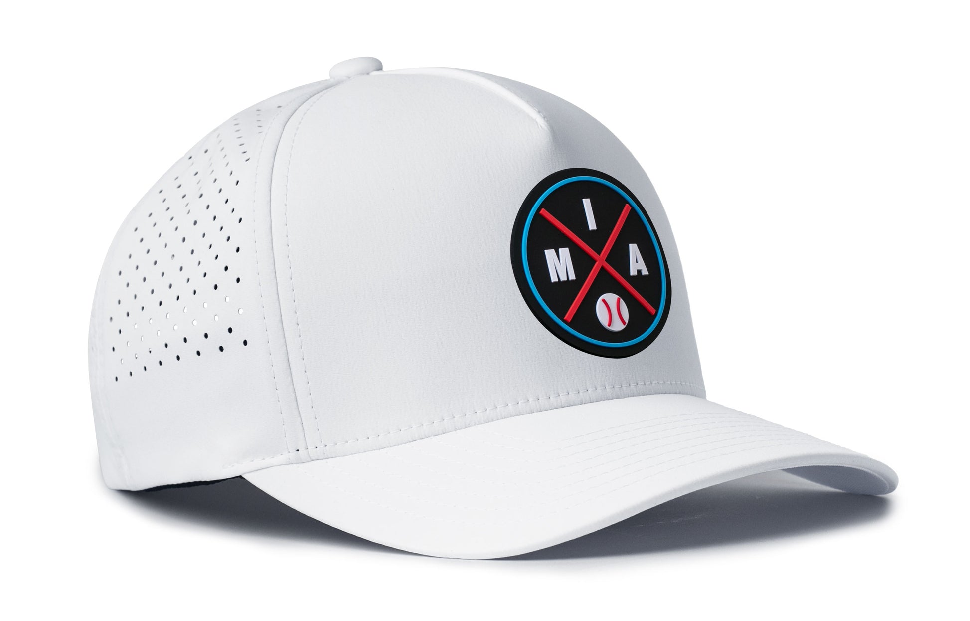 white performance 5-panel hat viewed from the right side, showcasing a bold black, red and columbia blue pvc patch prominently displayed on the front
