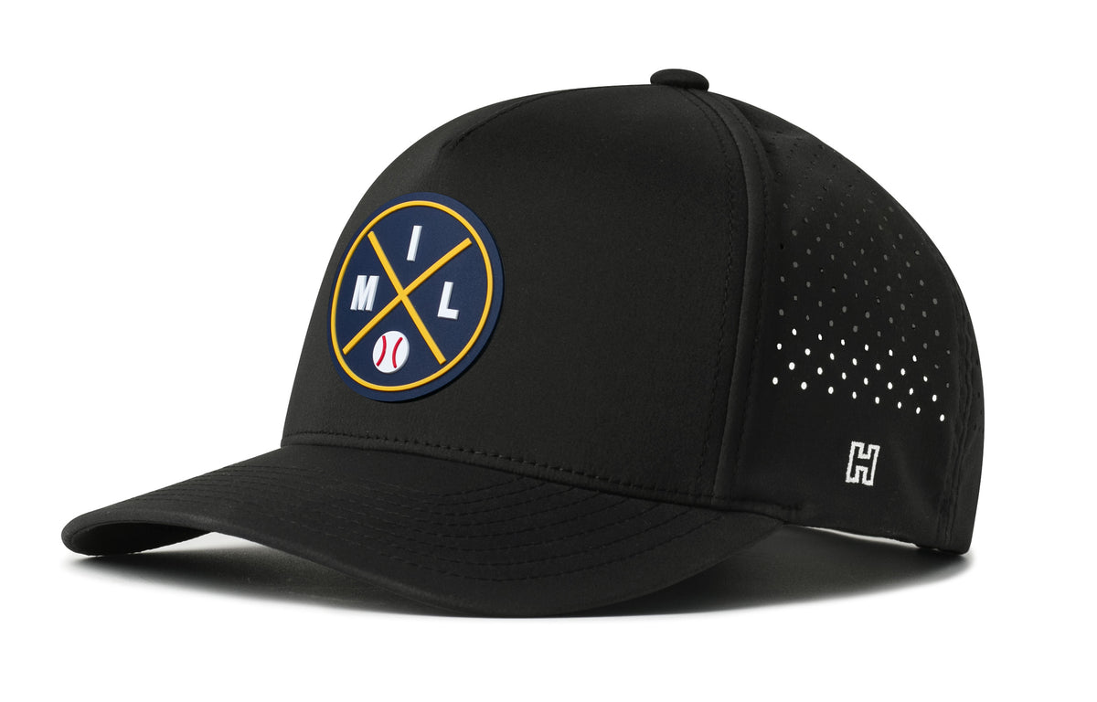Milwaukee Baseball Performance 5-Panel Hat, navy snapback showing Haka brandmark on left side of cap.