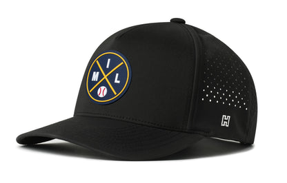 Milwaukee Baseball Performance 5-Panel Hat, navy snapback showing Haka brandmark on left side of cap.