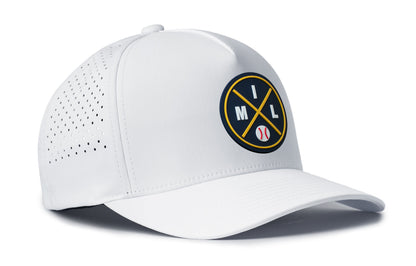 white performance 5-panel hat viewed from the right side, showcasing a bold navy and gold pvc patch prominently displayed on the front