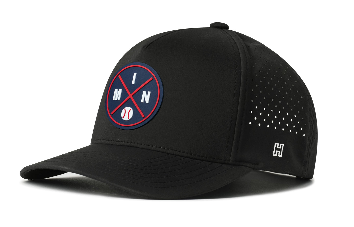 Minnesota Baseball Performance 5-Panel Hat, black snapback showing Haka brandmark on left side of cap.
Minnesota.