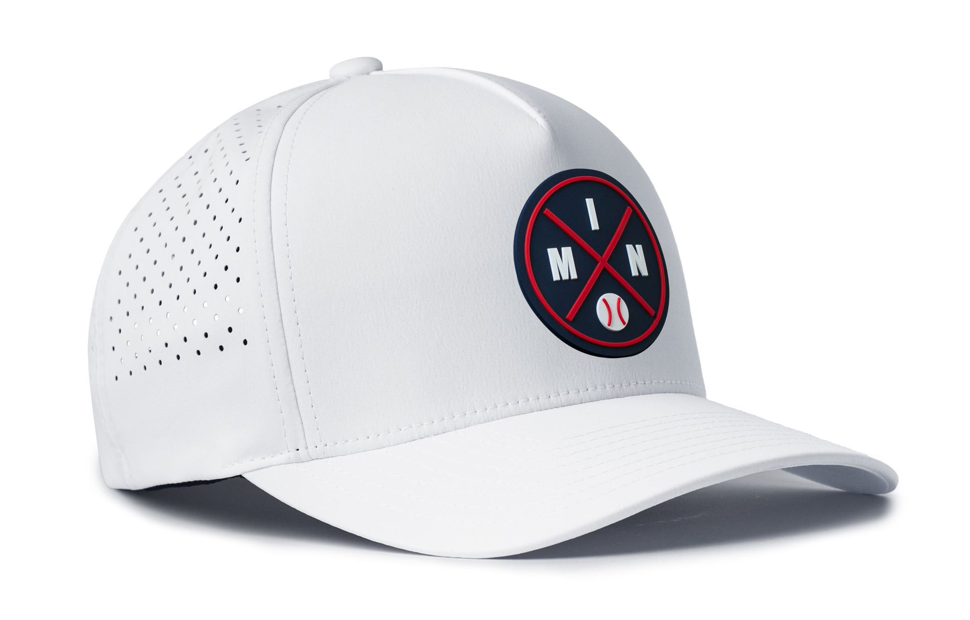 white performance 5-panel hat viewed from the right side, showcasing a bold navy and red pvc patch prominently displayed on the front