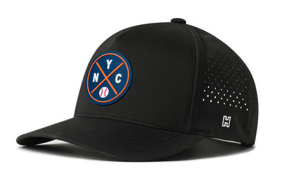 New York Baseball Performance 5-Panel Hat, black snapback showing Haka brandmark on left side of cap.
New York.