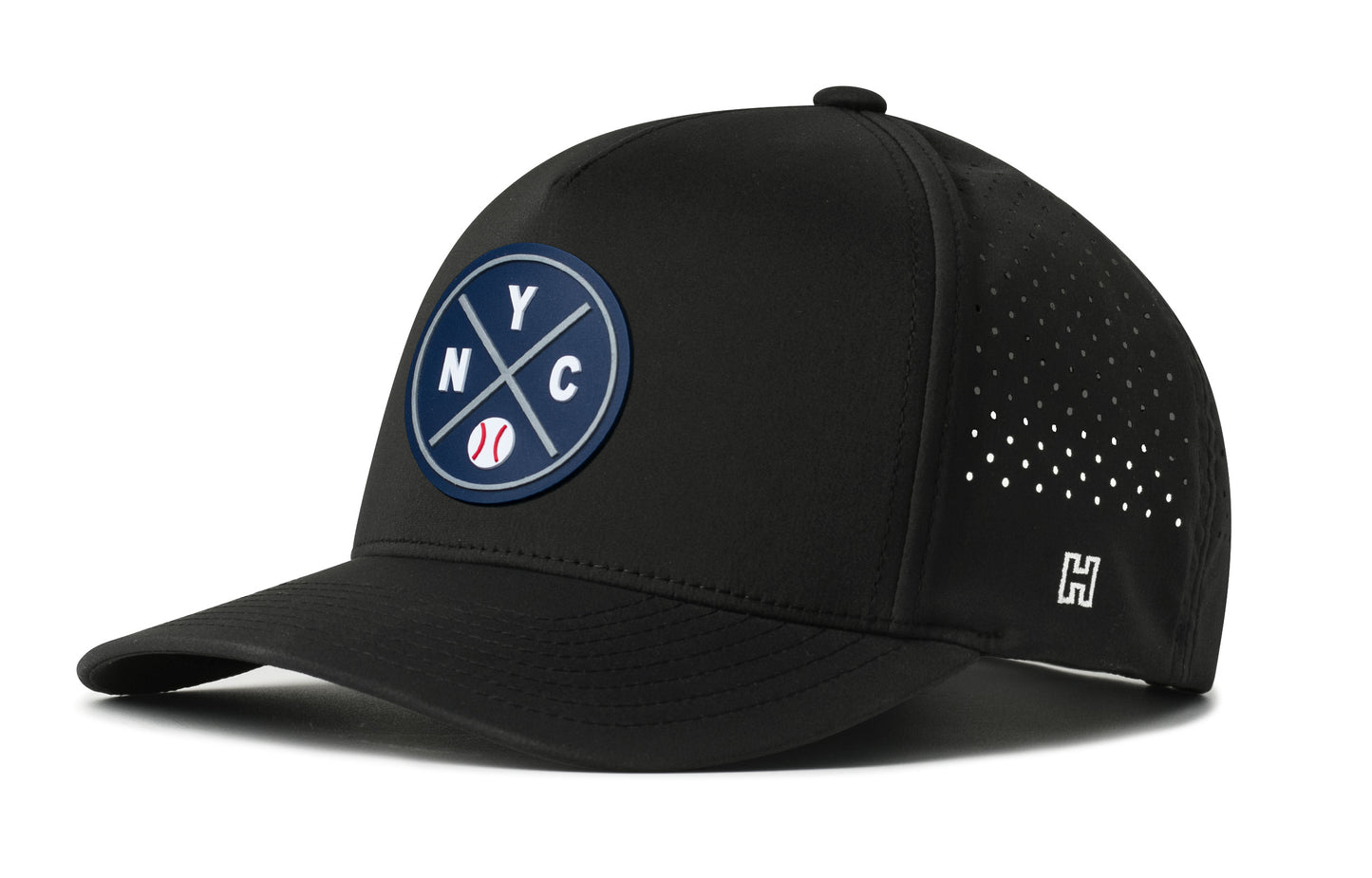 New York Baseball Performance 5-Panel Hat, black snapback showing Haka brandmark on left side of cap.
New York.