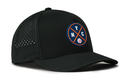 black performance 5-panel hat viewed from the right side, showcasing a bold royal and orange pvc patch prominently displayed on the front