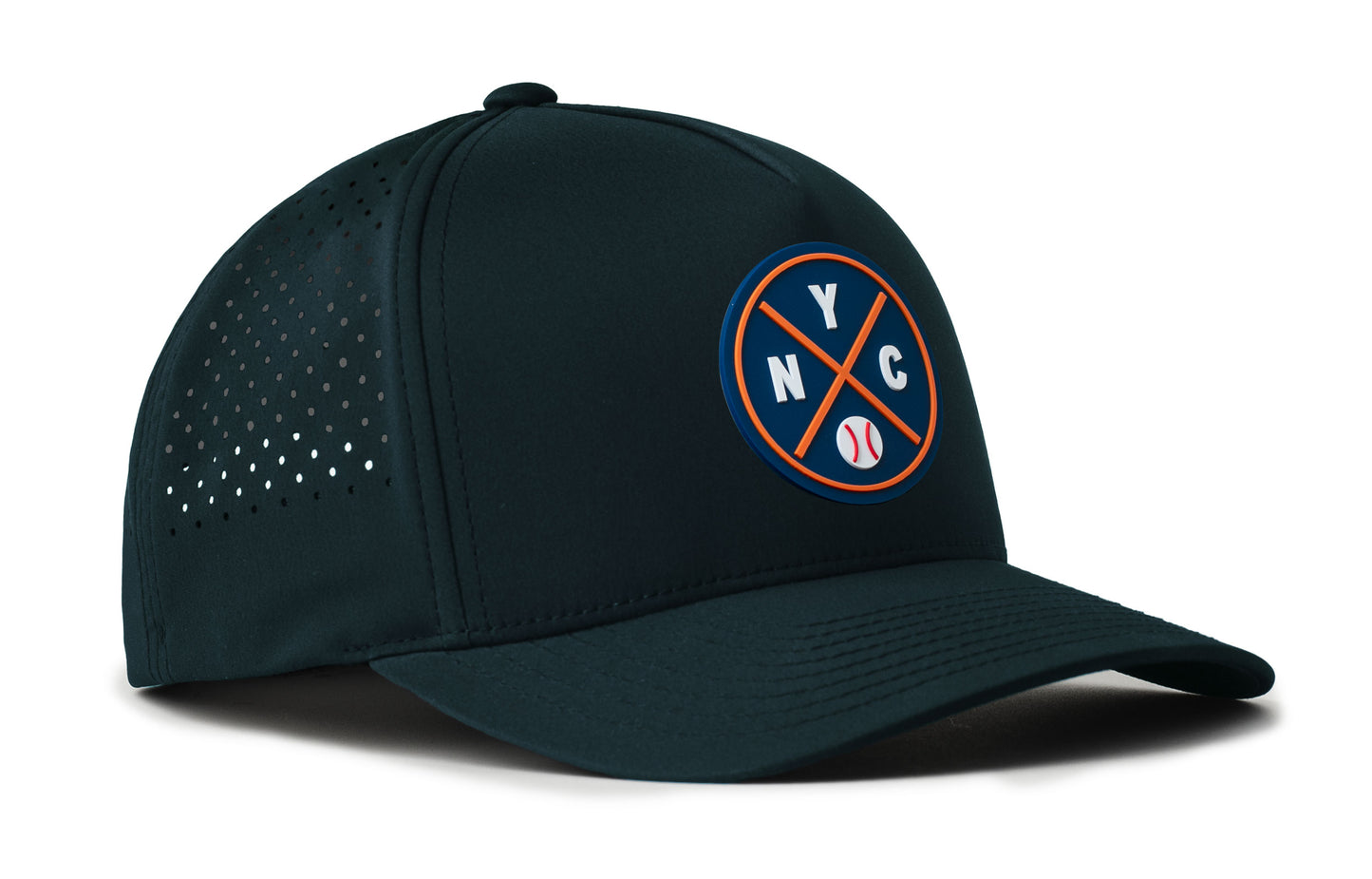 navy performance 5-panel hat viewed from the right side, showcasing a bold royal and orange pvc patch prominently displayed on the front