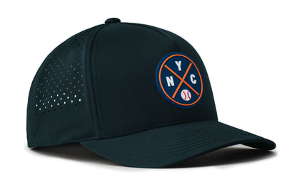 navy performance 5-panel hat viewed from the right side, showcasing a bold royal and orange pvc patch prominently displayed on the front