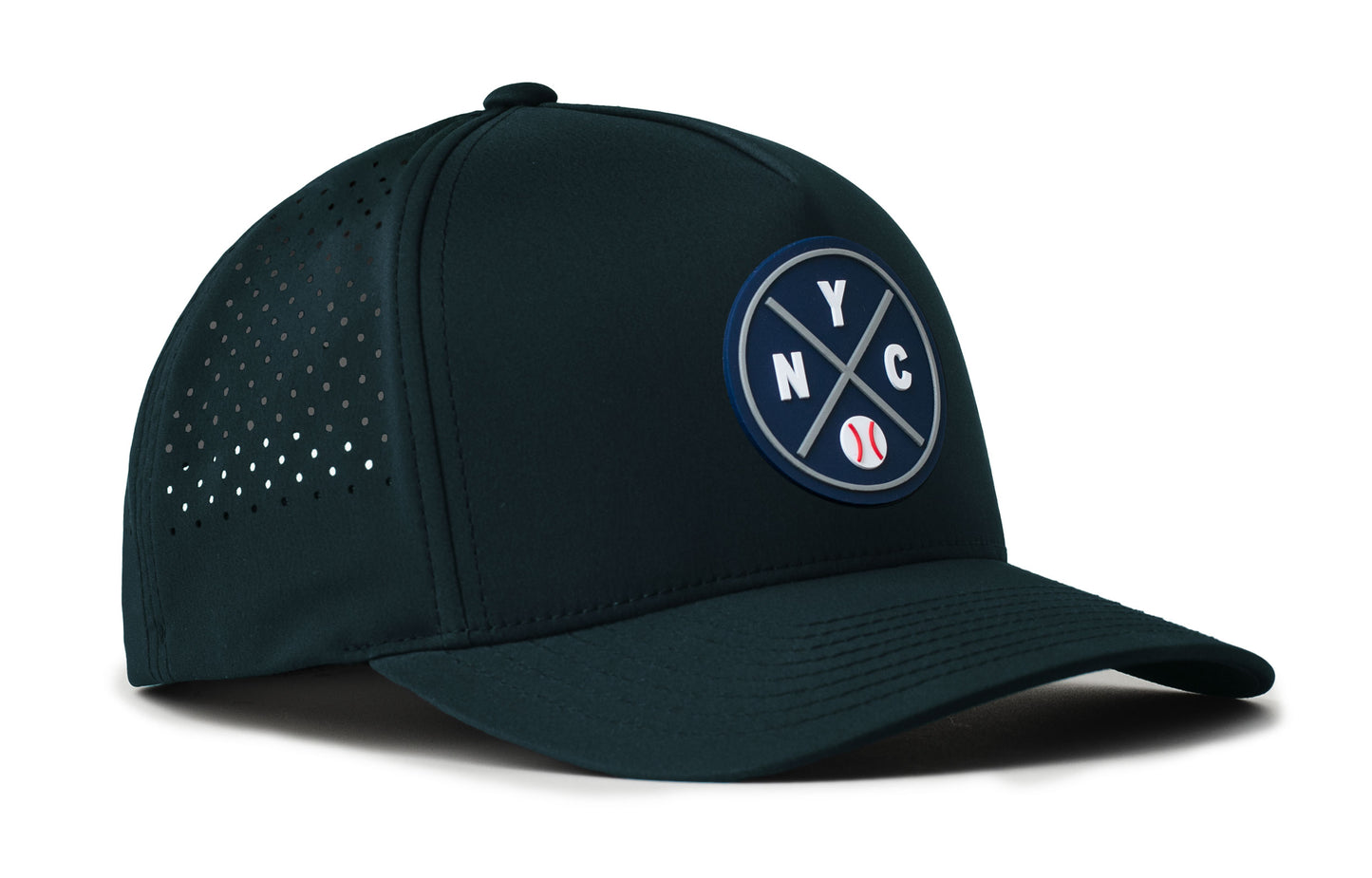navy performance 5-panel hat viewed from the right side, showcasing a bold navy and gray pvc patch prominently displayed on the front