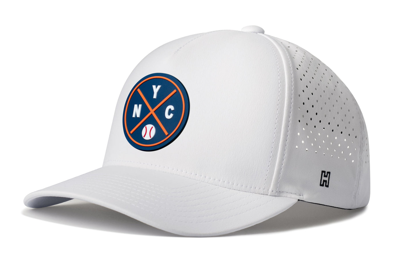New York Baseball Performance 5-Panel Hat, white snapback showing Haka brandmark on left side of cap.
New York.