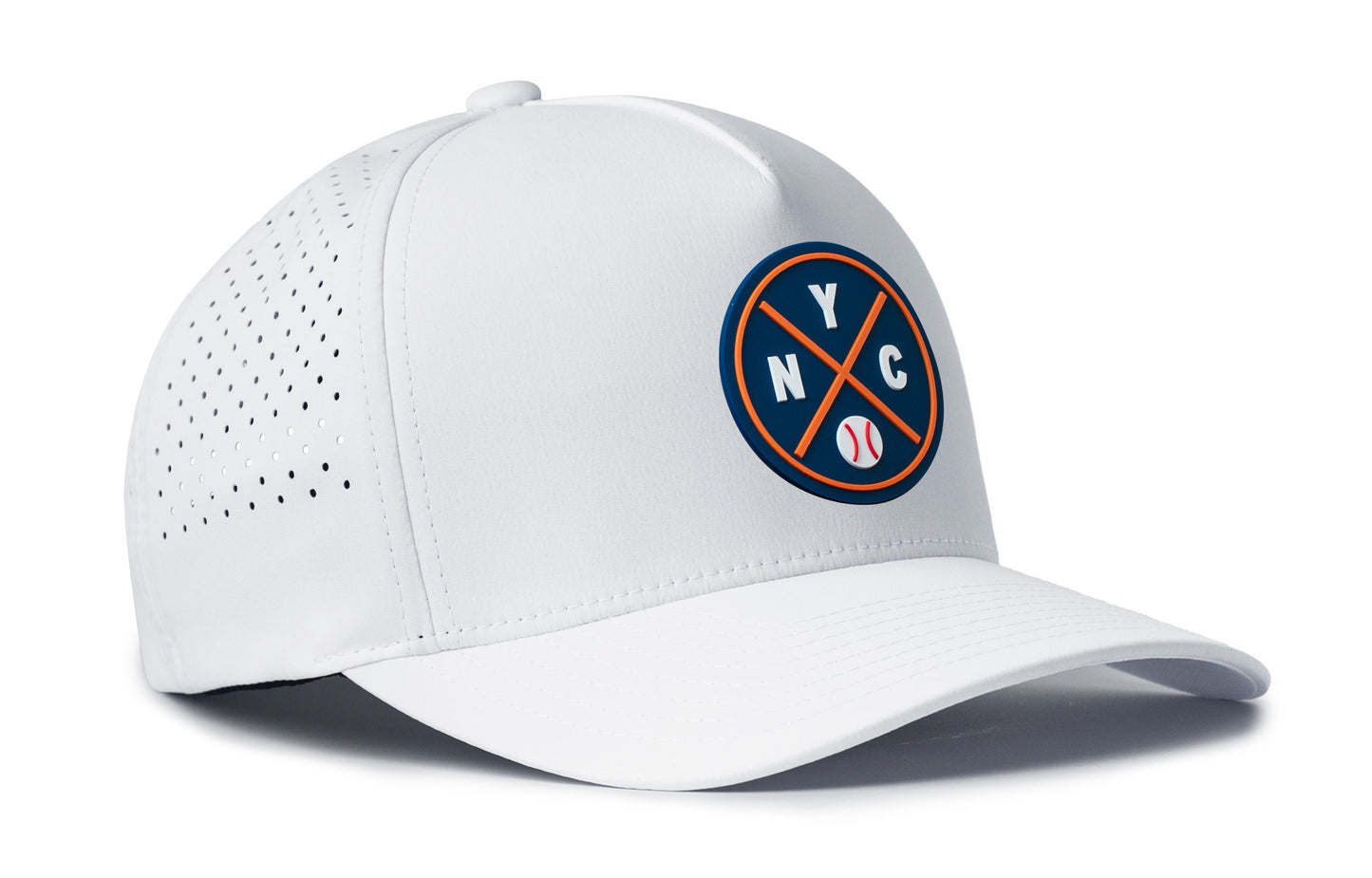 white performance 5-panel hat viewed from the right side, showcasing a bold royal and orange pvc patch prominently displayed on the front