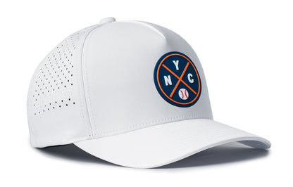 white performance 5-panel hat viewed from the right side, showcasing a bold royal and orange pvc patch prominently displayed on the front