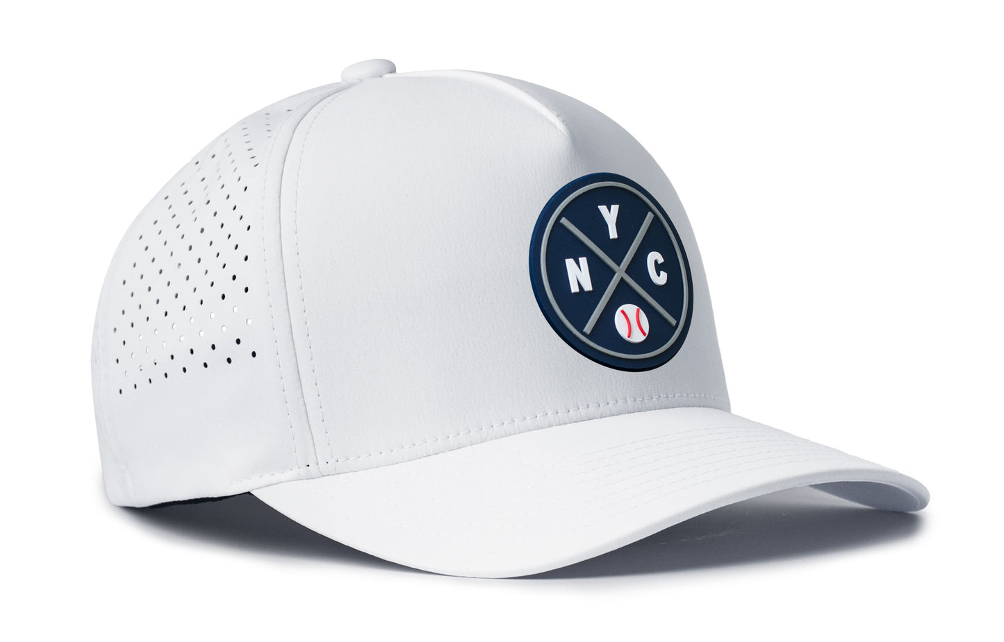 white performance 5-panel hat viewed from the right side, showcasing a bold navy and gray pvc patch prominently displayed on the front