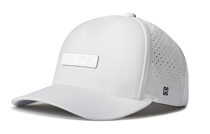 HAKA Performance 5-Panel Hat, white snapback showing Haka brandmark on left side of cap.