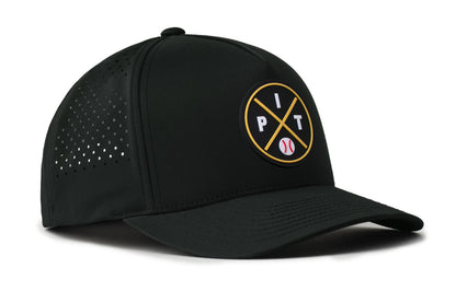 black performance 5-panel hat viewed from the right side, showcasing a bold black and gold pvc patch prominently displayed on the front