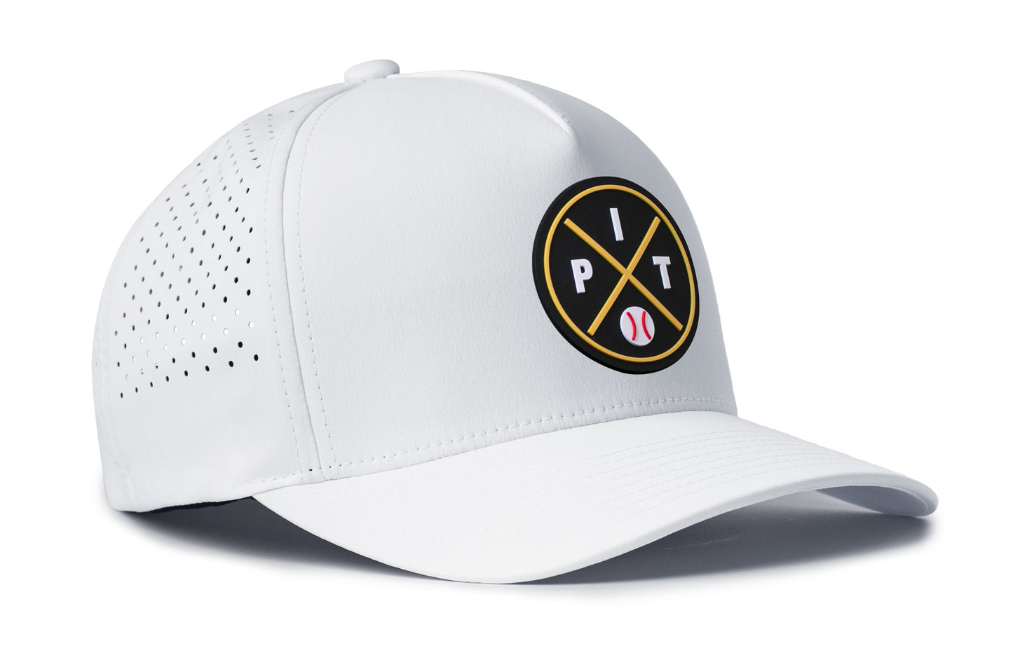 white performance 5-panel hat viewed from the right side, showcasing a bold black and gold pvc patch prominently displayed on the front