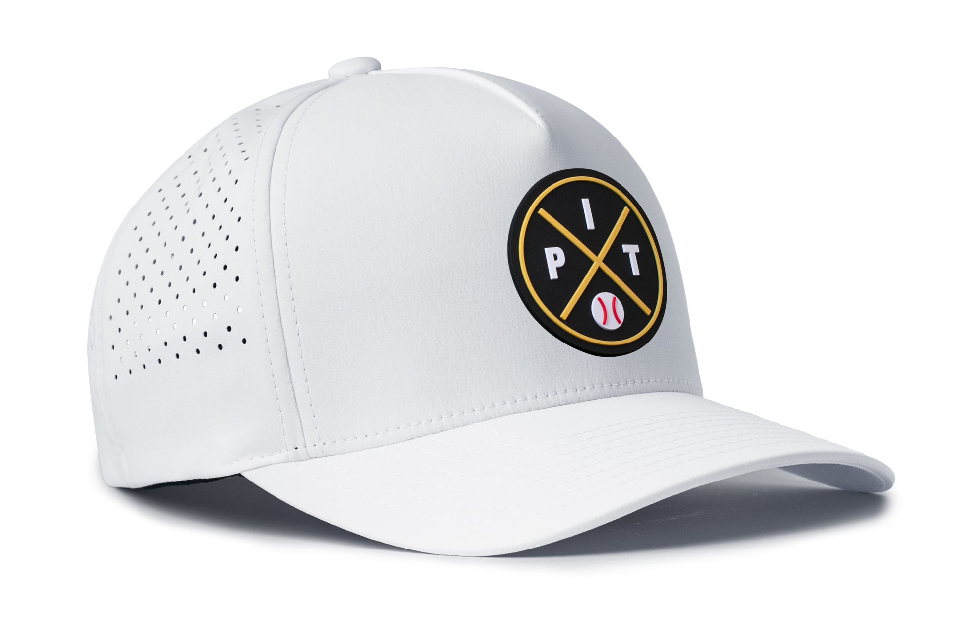 white performance 5-panel hat viewed from the right side, showcasing a bold black and gold pvc patch prominently displayed on the front