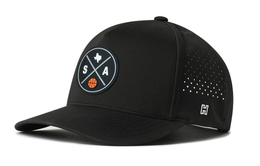 San Antonio Basketball Performance 5-Panel Hat, black snapback showing Haka brandmark on left side of cap.
San Antonio.