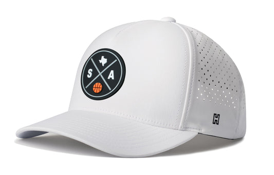 San Antonio Basketball Performance 5-Panel Hat, white snapback showing Haka brandmark on left side of cap.
San Antonio.