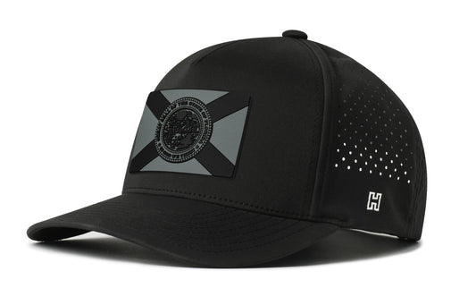 Florida Flag Performance 5-Panel Hat, black snapback showing Haka brandmark on left side of cap.