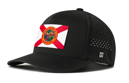 Florida Flag Performance 5-Panel Hat, black snapback showing Haka brandmark on left side of cap.