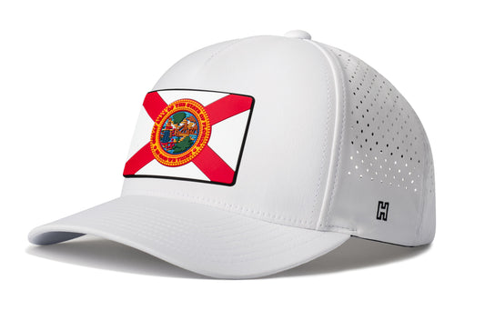 Florida Flag Performance 5-Panel Hat, white snapback showing Haka brandmark on left side of cap.