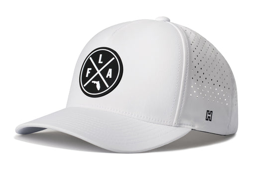 Florida Performance 5-Panel Hat, white snapback showing Haka brandmark on left side of cap.