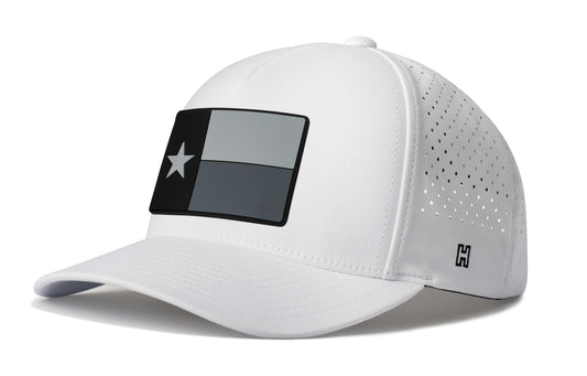Texas Flag Performance 5-Panel Hat, white snapback showing Haka brandmark on left side of cap.
