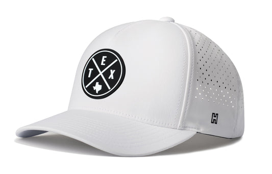 Texas Performance 5-Panel Hat, white snapback showing Haka brandmark on left side of cap.