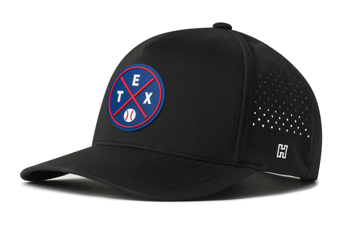 Texas Baseball Performance 5-Panel Hat, navy snapback showing Haka brandmark on left side of cap.