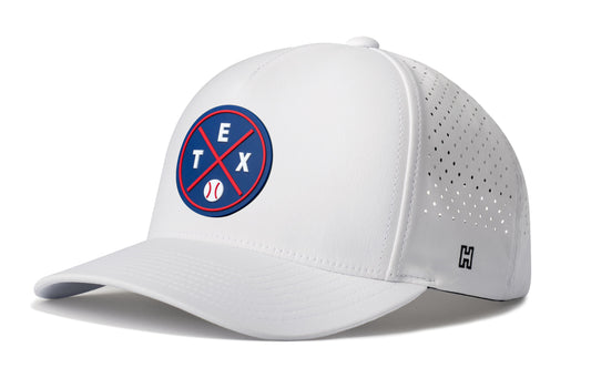 Texas Baseball Performance 5-Panel Hat, white snapback showing Haka brandmark on left side of cap.
Texas.