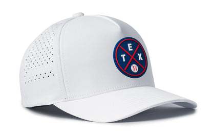 white performance 5-panel hat viewed from the right side, showcasing a bold navy and red pvc patch prominently displayed on the front