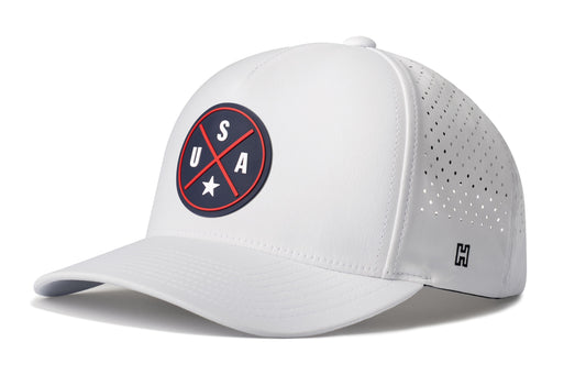 USA X Performance 5-Panel Hat, white snapback showing Haka brandmark on left side of cap.