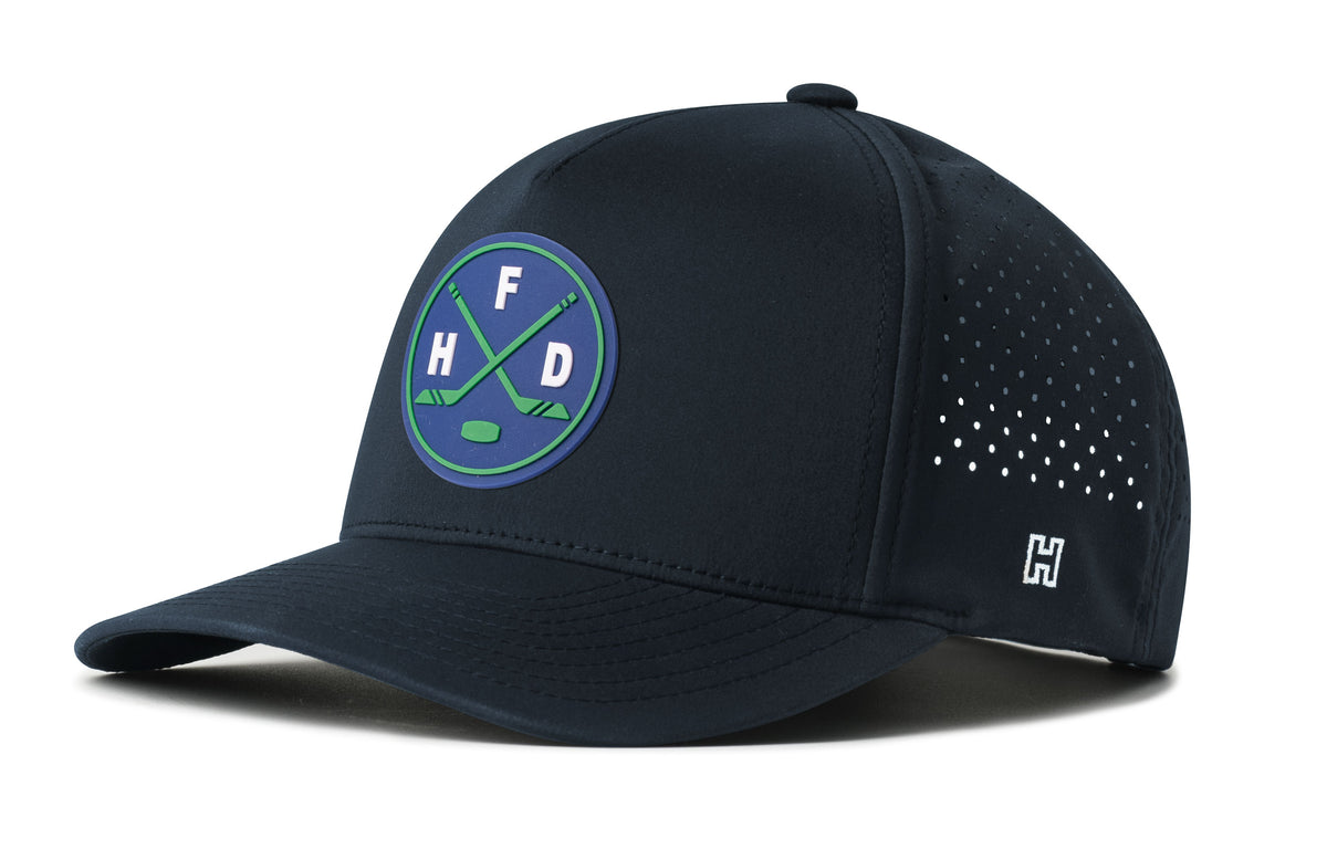 Hartford Hockey Performance 5-Panel Hat, navy snapback showing Haka brandmark on left side of cap.