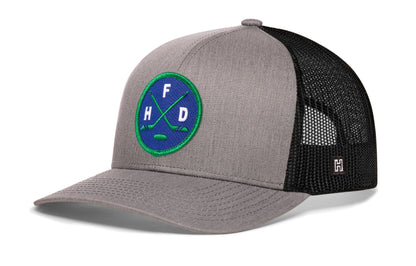 Hartford Hockey Trucker Hat, gray-black snapback showing Haka brandmark on left side of cap.