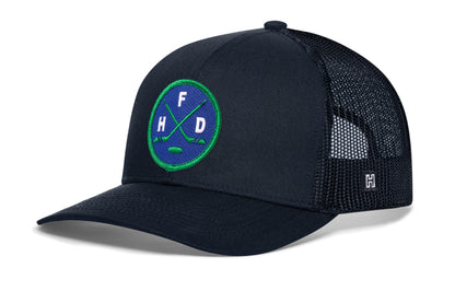 Hartford Hockey Trucker Hat, navy snapback showing Haka brandmark on left side of cap.
