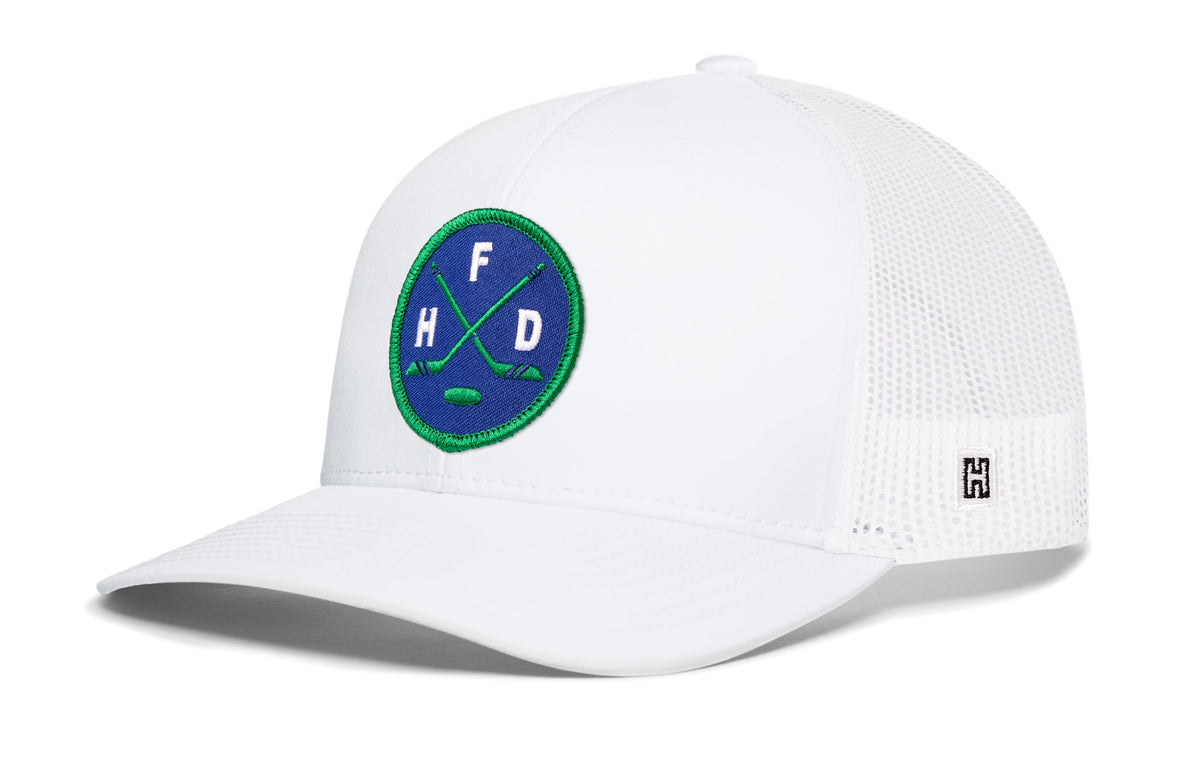 Hartford Hockey Trucker Hat, white snapback showing Haka brandmark on left side of cap.