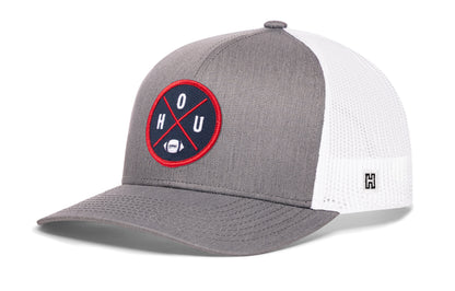 Houston Football Trucker Hat, gray-white snapback showing Haka brandmark on left side of cap.