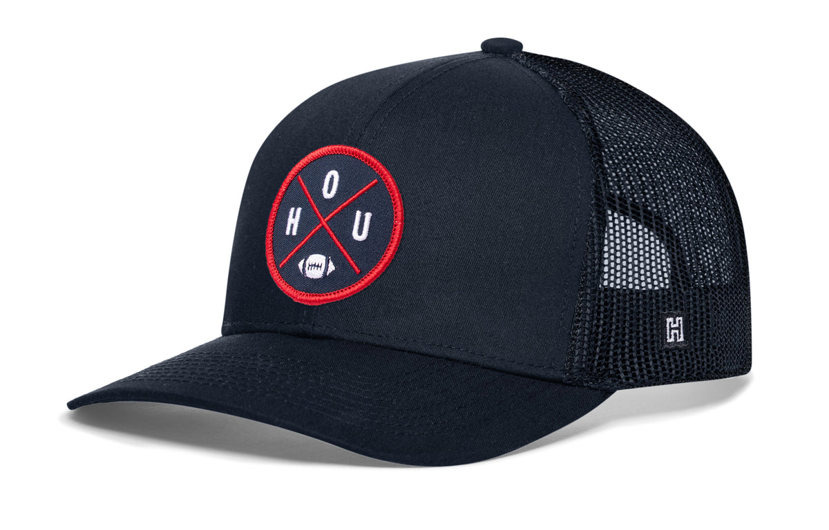 Houston Football Trucker Hat, navy snapback showing Haka brandmark on left side of cap.
