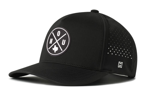 Houston Performance 5-Panel Hat, black snapback showing Haka brandmark on left side of cap.